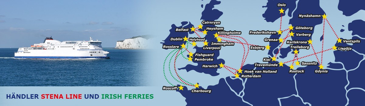  Verkauf von Tickets für Fähren zwischen den Ländern Nordeuropas und dem Vereinigten Königreich, Irland, Skandinavien. Verkäufer Stena Line und Irish Ferries. 